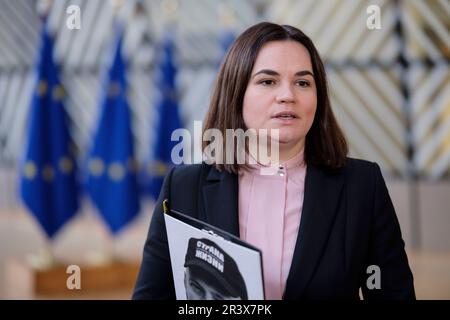 Belgien, Brüssel, 14. November 2022: Sviatlana Tsikhanouskaya, belarussischer politischer Aktivist, Gespräche mit den Medien nach einem Treffen mit ausländischen EU-Bürgern Stockfoto