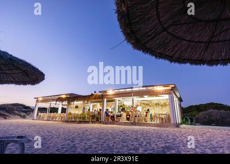 Strandbar, Sa Rapita, Campos, Balearen, Spanien. Stockfoto