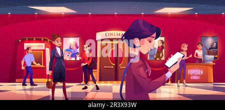 Kinolobby mit Ticketbox, Snackbar und Leuten, die auf eine Show warten. Vektor-Cartoon-Illustration männlicher und weiblicher Besucher, die Tickets und Popcorn vor der Filmpremiere kaufen und sich Smartphones ansehen Stock Vektor