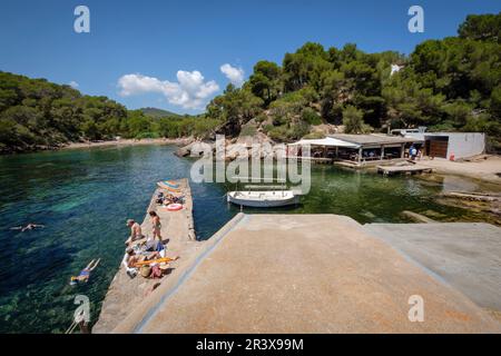 Restaurante El bigotes, Cala Mastella, Sant Carles, Municipio Santa Eulària des Riu, Ibiza, Balearen, Spanien. Stockfoto