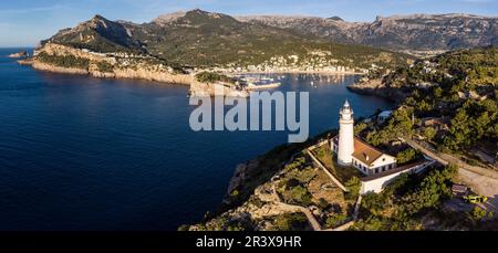 Cap Gros lighthose, Soller Port, Mallorca, Balearen, Spanien. Stockfoto