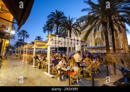 La Llotja, Frente Terrazas de Restaurante La Lonja, edificio Del Siglo XV, PalmaMallorca, Balearen, Spanien. Stockfoto