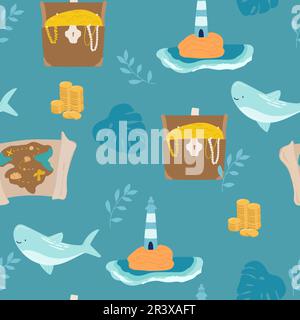 Piraten Sea Flat Vector Nahtloses Muster. Segelkulisse. Anker, Karte, Kompass, Fernglas, Flasche mit Rum und Lenkrad auf weißem Hintergrund. Bla Stock Vektor