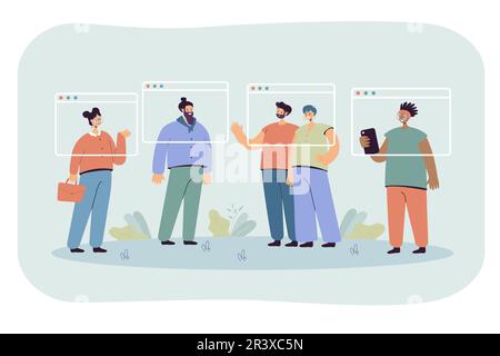 Remote-Team von Büromitarbeitern, die Videoanrufe in Fensterrahmen führen Stock Vektor