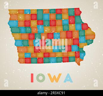 Iowa Karte. Poster mit farbigen Regionen in den USA. Alte Grunge-Textur. Vektorillustration von Iowa mit US-Bundesstaat. Stock Vektor