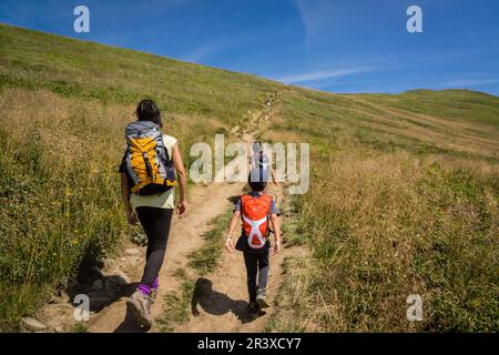 Wanderer auf dem Poloninenkamm von Carynska, Nationalpark Bieszczady, UNESCO-Reservat Östliche Karpaten, Woiwodschaft Kleinpolen, Karpaten, Polen, Osteuropa. Stockfoto