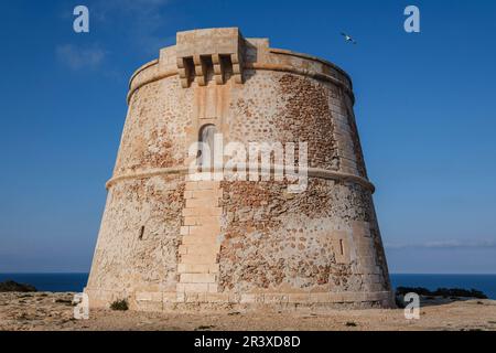 Torre de sa Punta Prima, Formentera, Pitiusas-Inseln, Balearen, Spanien. Stockfoto