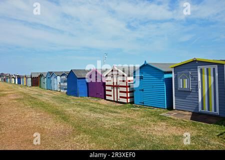 Eine Reihe von Strandhütten in Dover Court, Harwich, Essex, Großbritannien Stockfoto