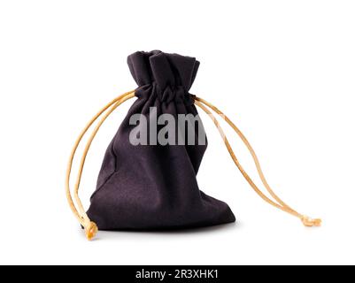 Weiche Stofftasche aus Velor mit isoliertem Kordelzug auf weißem Hintergrund. Stockfoto