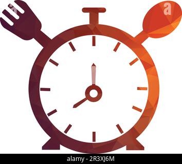 Logo-Vorlage für Eat-Zeitvektor. Dieses Logo mit Uhr, Löffel und Gabelsymbol. Geeignet für Zuhause, Restaurant, Kochen, gesund. Stock Vektor