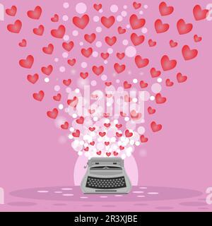 Vector Grey Schreibmaschine und Satz roter Herzen Symbole isoliert auf rosa Hintergrund. Stock Vektor