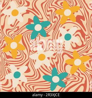 Abstrakter Retro-hypnotischer welliger Hintergrund mit groovigen Gänseblümchen-Blüten. Hippie-Art 60er, 70er, 80er Jahre Trendiger trippiger quadratischer Hintergrund. Marmorflüssigkeit Stock Vektor