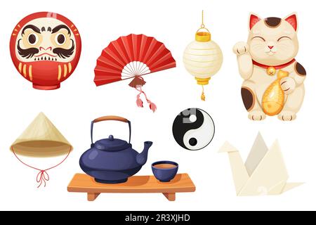 Japan mit lustigen traditionellen Elementen, Maneki-Neko-Katze, Origami-Kran, Teekanne mit Teetassen, Daruma-Puppe und Laterne im Cartoon-Stil isoliert auf weißem Hintergrund. Vektordarstellung Stock Vektor