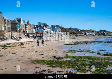 Blick nach Norden entlang des Sandstrands in der schottischen Küstenstadt Lower Largo in Fife, Schottland, Großbritannien Stockfoto