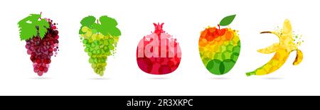 Set aus abstrakten, bunten Früchten mit Apfel, Birne, Zitrone und Pfirsich. Kreative Symbole mit Mango, Birne, Zitrone, Orange für das Etikett mit frischem Saft Stock Vektor