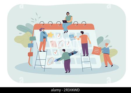 Geschäftsleute, die den Terminplan für Meetings mithilfe eines riesigen Kalenders planen Stock Vektor