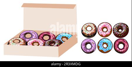 Donuts in Box glasiert mit farbenfrohem Zuckervektor. Stock Vektor
