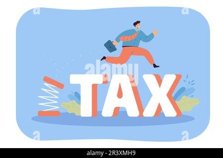 Cartoon-Geschäftsmann schubst und springt über Steuern Stock Vektor