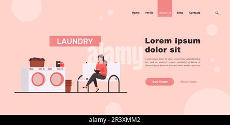 Frau liest Buch und wartet auf ihre Wäsche Stock Vektor