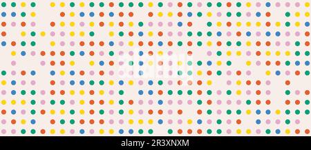 Festlicher abstrakter, gepunkteter Hintergrund in Regenbogenfarben. Niedliches farbenfrohes Punktmuster. Kreise Konfetti auf beigefarbenem Hintergrund. Rückwirkend horizontal Stock Vektor