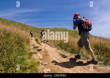 Senderistas en la cresta de polonina Carynska, Parque nacional Bieszczady, Reserva de la UNESCO llamada Reserva de la biosfera Carpática oriental, voivodato de la Pequeña Polonia, Cárpatos, Polonia, osteuropa. Stockfoto