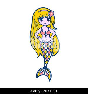 Die kleine Meerjungfrau ist blond. Süße kleine Meerjungfrau mit Design auf weißem Hintergrund. Vektordarstellung. Stock Vektor