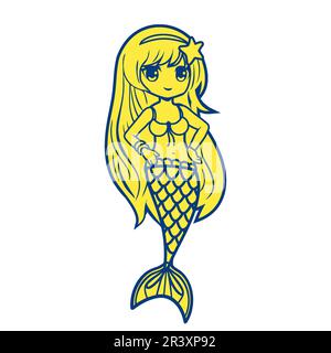 Süße kleine Meerjungfrau mit Design in zwei Farben auf weißem Hintergrund. Vektordarstellung im Manga- und Anime-Stil. Stock Vektor