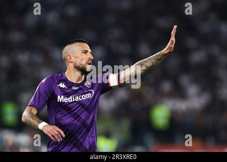 Rom, Italie. 24. Mai 2023. Cristiano Biraghi von Fiorentina Gesten während des italienischen Pokals, Coppa Italia, Endspiel zwischen ACF Fiorentina und FC Internazionale am 24. Mai 2023 im Stadio Olimpico in Rom, Italien - Foto Federico Proietti/DPPI Credit: DPPI Media/Alamy Live News Stockfoto