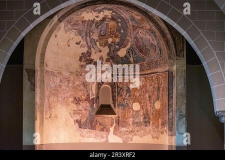 Wandgemälde, Fresko abgerissen und auf Leinwand übertragen, Diözesanmuseum Jaca, Huesca, Spanien. Stockfoto