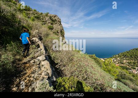 Pas den Colom y Camino de Son Oleza, Marina de Valldemossa, Sierra de Tramuntana, Mallorca, Balearen, Spanien. Stockfoto