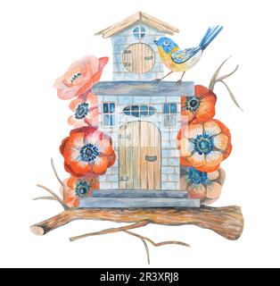 Dekoratives Haus auf einem Ast mit einem Vogel umgeben von Blumen. Aquarell-Illustration, handgezeichnet. Für die Gestaltung des Kinderzimmers, Abdeckungen Stockfoto