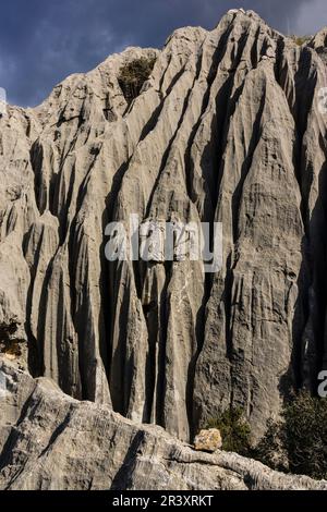 Entlasten kárstico, Mortix veröffentlicht Anwesen, natürliche Umgebung der Sierra de Tramuntana, Mallorca, balearen, spanien, europa. Stockfoto