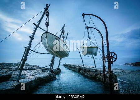 Tipicas gruas de barca, Savudrija, Halbinsel Istrien, Croacia, Europa. Stockfoto