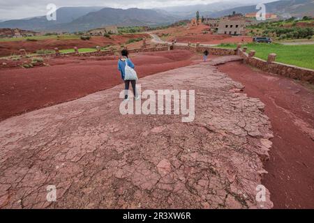 Dinosaurier-Fußabdrücke, mittelliches bis oberes jura, Geopark Iouaridene, Beni Mellal-Khenifra, Atlasgebirge, marokko, afrika. Stockfoto