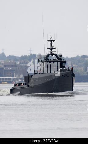 Das mysteriöse Experimentierschiff der Royal Navy, XV Patrick Blackett, eröffnet sein Debüt auf der Themse und besucht London. Das Schiff ist ein experimentelles sh Stockfoto