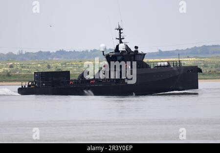 Das mysteriöse Experimentierschiff der Royal Navy, XV Patrick Blackett, eröffnet sein Debüt auf der Themse und besucht London. Das Schiff ist ein experimentelles sh Stockfoto