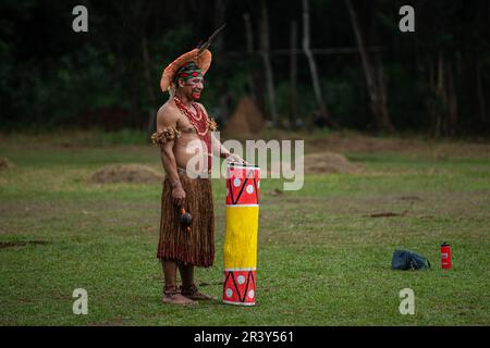 19. April 2023, SÃ José de Bicas, Minas Gerais, Brasilien: Ein indigener Mann trägt während der Spiele anlässlich der Feierlichkeiten zum Tag der Ureinwohner, im Aldeia KaturÃ, traditionelle Outfits und Ornamente. (Credit Image: © Ivan Abreu/SOPA Images via ZUMA Press Wire) NUR REDAKTIONELLE VERWENDUNG! Nicht für den kommerziellen GEBRAUCH! Stockfoto