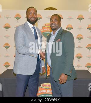 Miami Gardens, USA. 23. Mai 2023. MIAMI GARDENS, FLORIDA - MAI 23: T.C. Taylor, Head Coach, Jackson State University, und Willie Simmons, Head Coach Florida A&M University, besuchen die Orange Blossom Classic 2023 Pressekonferenz am 23. Mai 2023 in Miami Gardens, Florida. (Foto: JL/Sipa USA) Guthaben: SIPA USA/Alamy Live News Stockfoto