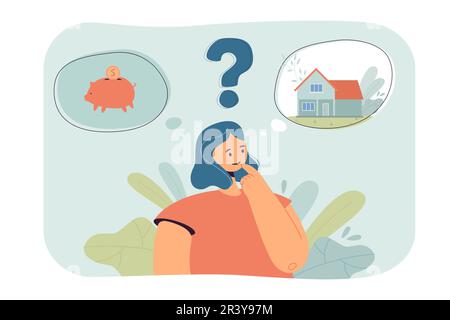 Eine Cartoon-Frau, die zwischen Geld sparen und ein Haus kaufen will Stock Vektor