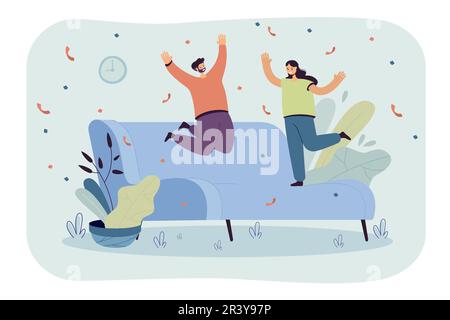 Glückliches Paar, das auf ein riesiges neues Sofa springt Stock Vektor