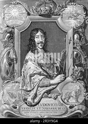 Ludwig XIII. War ein französischer König aus dem 17. Jahrhundert, der von 1610 bis 1643 regierte. Er erbte ein durch religiöse und politische Konflikte zerrissenes Königreich und kämpfte um seine Autorität. Man erinnert sich an ihn für seine Schirmherrschaft der Künste, seine Beiträge zur Entwicklung der französischen Marine und seine Allianz mit Richelieu. Seine Herrschaft war auch von erheblichen Unruhen und Rebellion geprägt Stockfoto