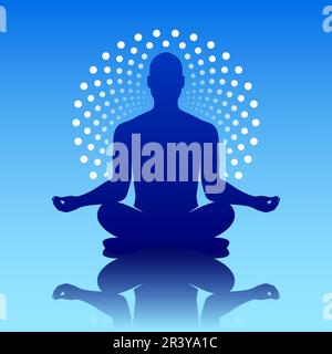 Yoga-Mann mit weißem gepunktetem Ornamentsschmuck, meditiert in einer Lotus-Pose auf blauem Hintergrund, spirituelles Vektorposter. Stock Vektor
