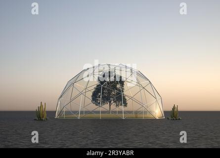 Baum unter einer Glaskuppel in der Wüste - 3D Illustration Stockfoto