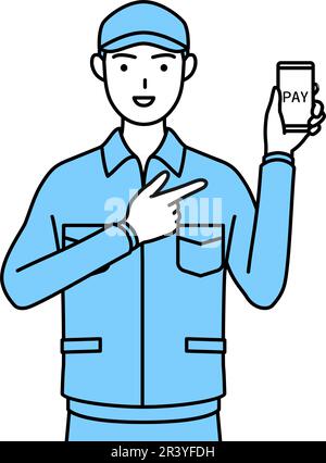 Mann mit Hut und Arbeitskleidung, der bargeldlose Online-Zahlungen auf einem Smartphone empfiehlt, Vector Illustration Stock Vektor