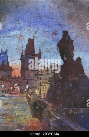 Farbenfrohe Wandstatuen Karlsbrücke in Prag Böhmische republikanische Kunst Aquarell Batikmalerei Stockfoto