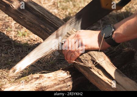 Ein Mann sägt den Baumstamm mit einer Handsäge, Nahaufnahme mit selektivem Fokus und Bewegungsunschärfe Stockfoto