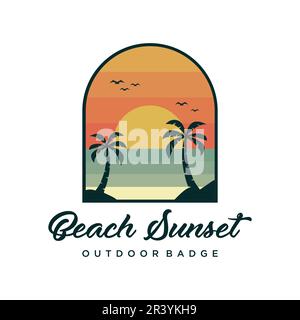 Kreativer Vektor im Outdoor-Badge-Logo-Design für den Sonnenuntergang am Strand. Retro-Style mit Ozeanmotiv Stock Vektor