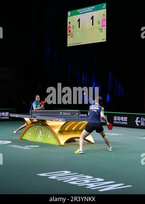 Durban, Südafrika. 25. Mai 2023. Sun Yingsha (R) aus China und Shin Yubin aus Südkorea treten während der 16. Runde der Frauen im Einzelspiel bei den ITTF Table Tennis World Championships Finals 2023 in Durban, Südafrika, am 25. Mai 2023 an. Kredit: Han Xu/Xinhua/Alamy Live News Stockfoto