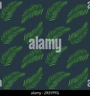 Tropisches nahtloses Muster mit Kokospalmenblättern auf dunkelschwarz-blauem Hintergrund. Handgezeichnete Aquarelldarstellung. Stockfoto