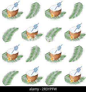 Tropisches Nahtmuster mit Kokosnussschwanz, tropischen Blumen und Palmenblättern auf weißem Hintergrund. Handgezeichnete Aquarelldarstellung. Stockfoto